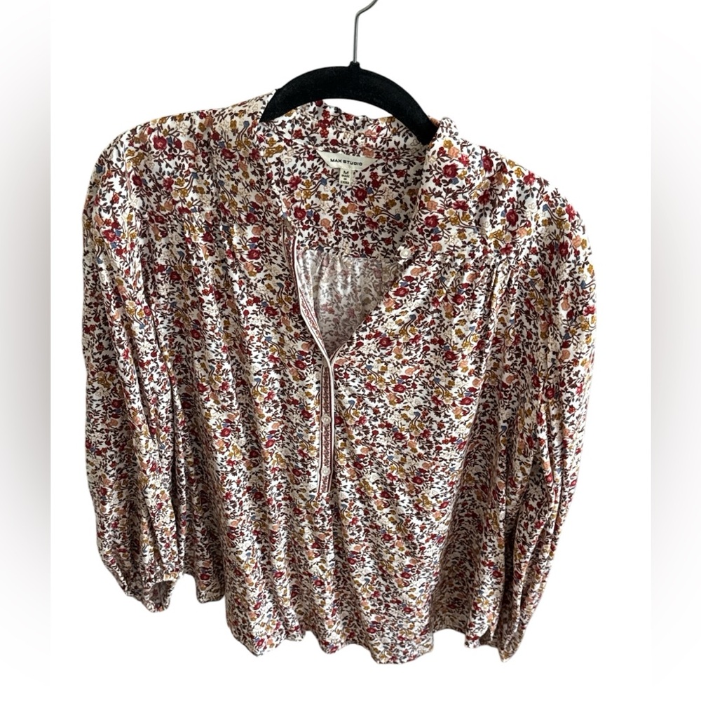 MAX STUDIO Burgundy and White Floral 1/2 Button Long Sleeve Blouse Top Size M